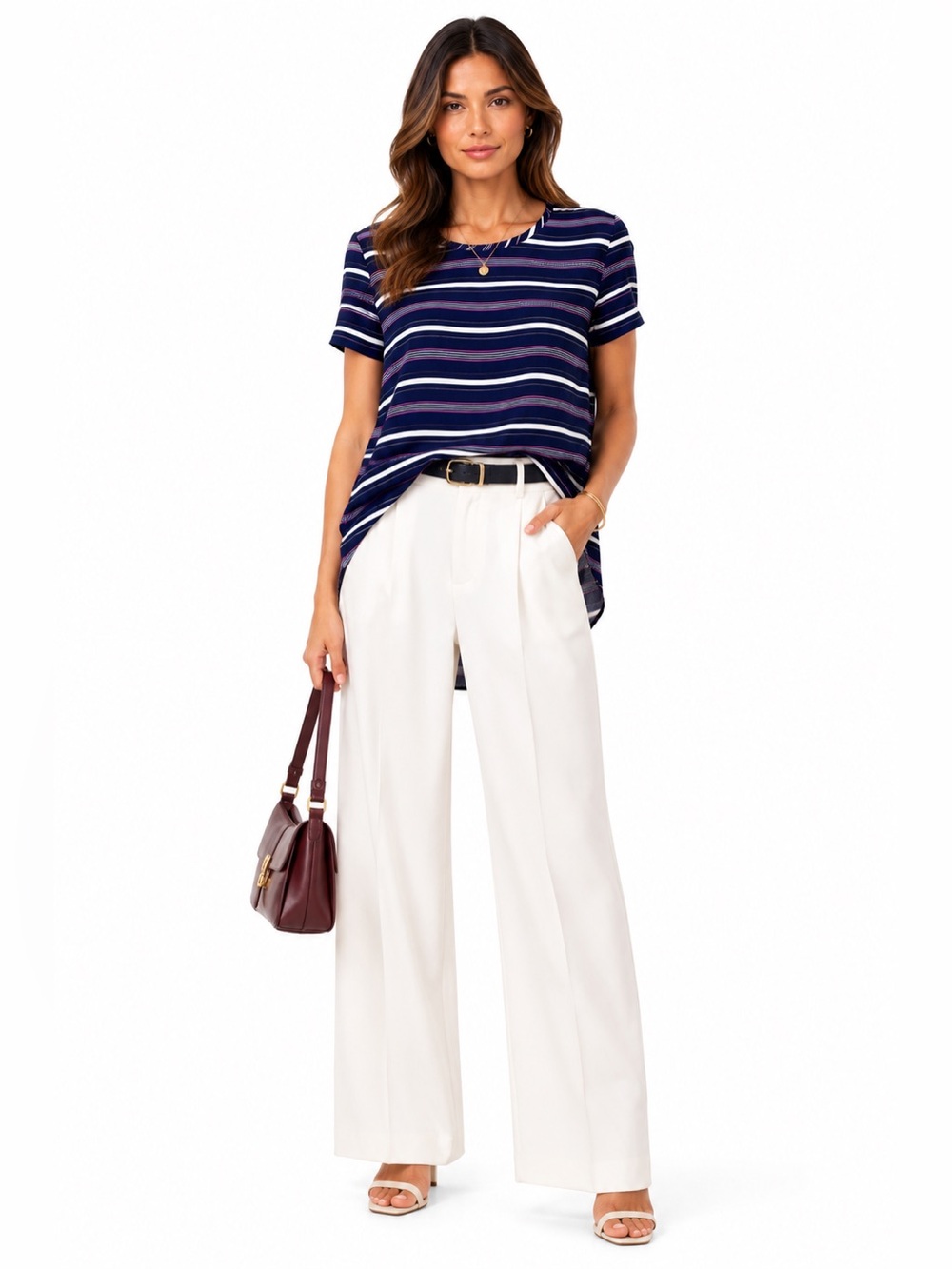 Pleione Navy Striped Short Sleeve Blouse Pink White Stripe High Low Large Top L